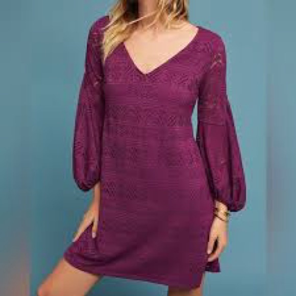 Maeve Anthropologie Purple Crochet Balloon Sleeve Boho Beach Festival Dress Sz M - Picture 10 of 10